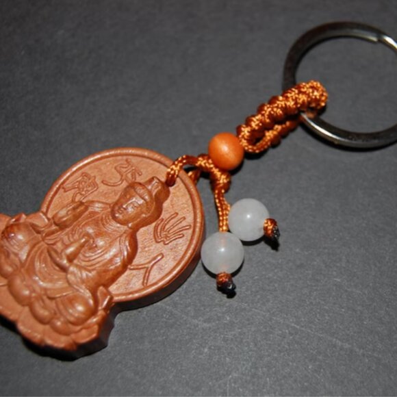 Wooden Buddha Keychain,Gemstone Beads,Good Wishes Keychain,Pray,Peace - Picture 1 of 1